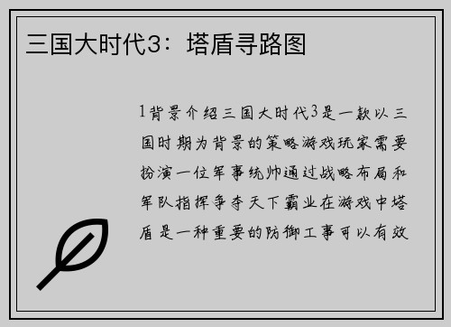三国大时代3：塔盾寻路图